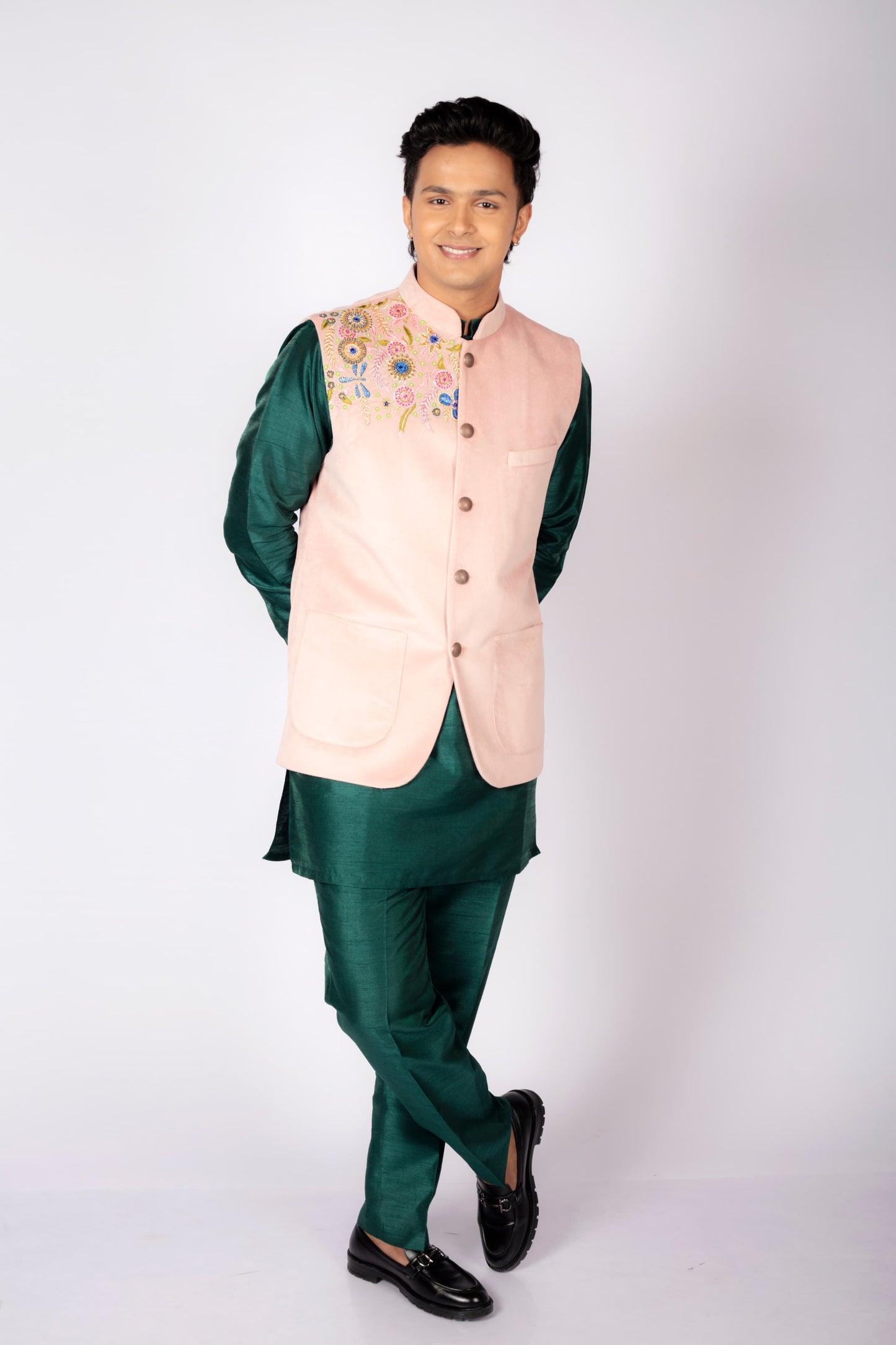 Men's Designer Embroidered Nehru Jacket – Emerald Green & Blush Pink