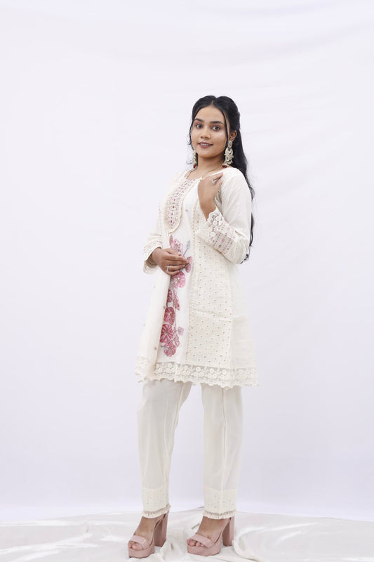 Pearl-White Floral Embroidered Kurta Set