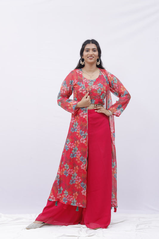 Floral Red Indo-Western Sharara Set with Jacket