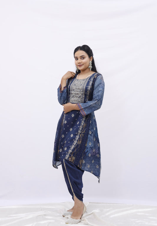 Navy Blue Angrakha Style Kurta Set