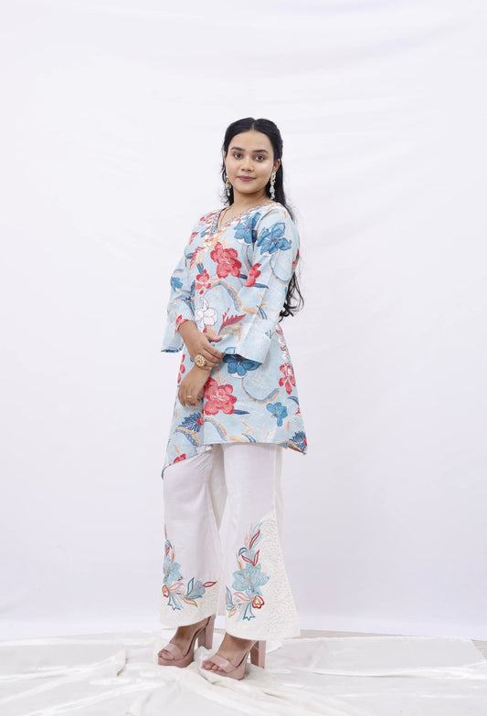 Pastel Bloom Embroidered Kurti Set