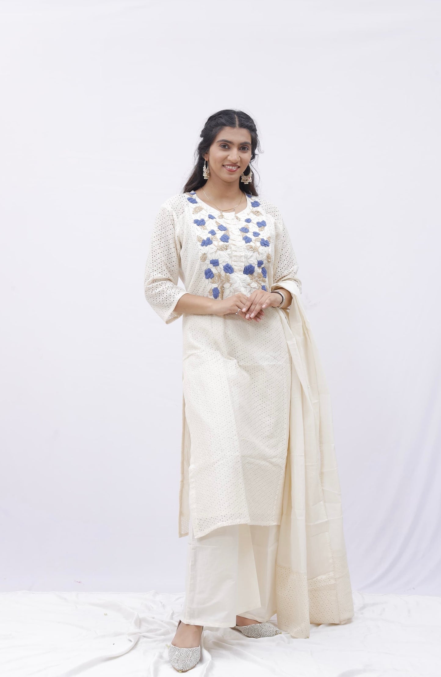 Ivory Embroidered Kurta Set with Palazzo and Dupatta