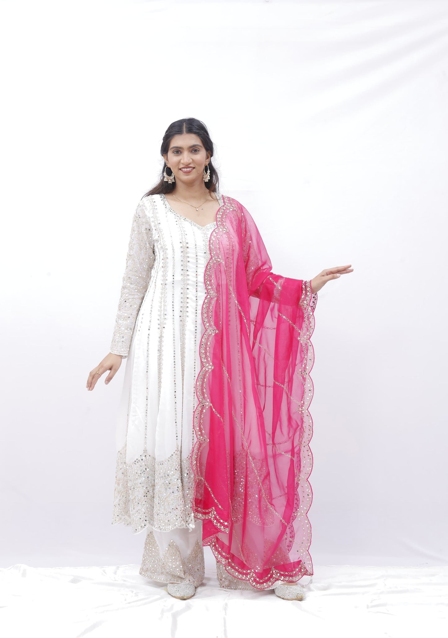 White Glam Mirror Work Anarkali Set with Pink Dupatta