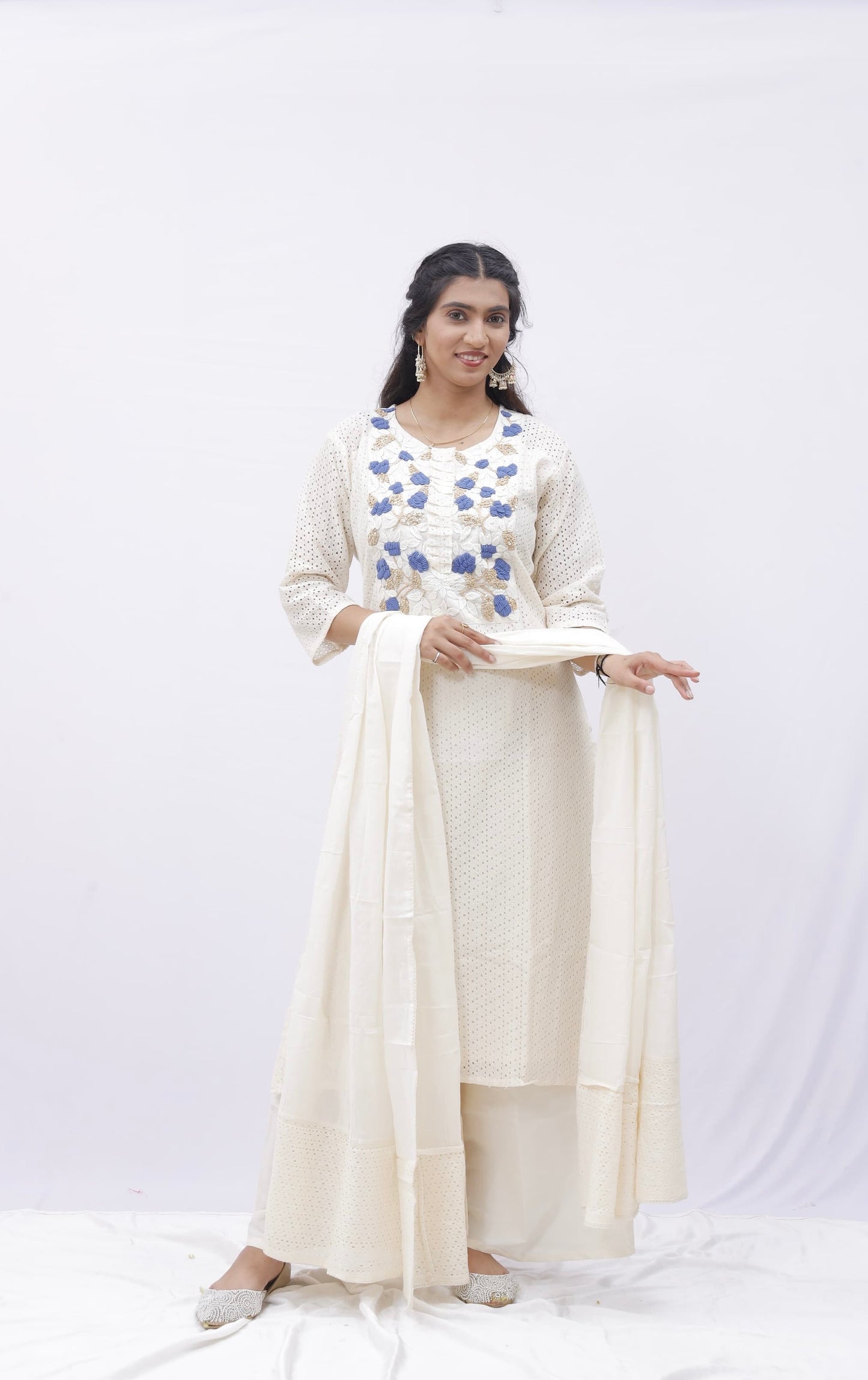 Ivory Embroidered Kurta Set with Palazzo and Dupatta