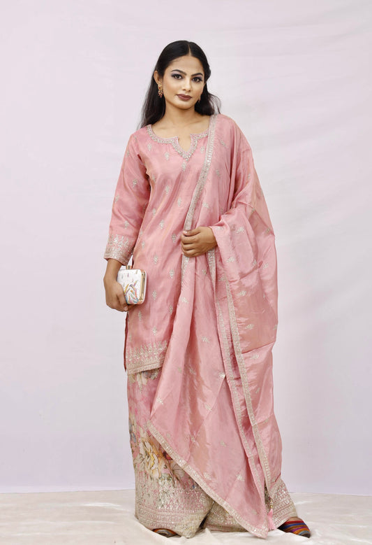 Blush Pink Embroidered Kurta Set with Floral Sharara