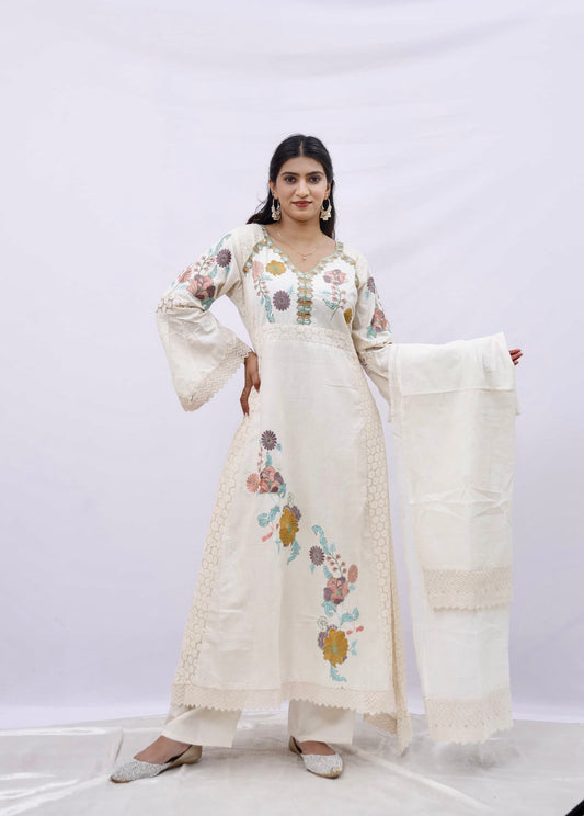 Three-piece suit consisting of a kurta (tunic), dupatta (scarf), and trousers.