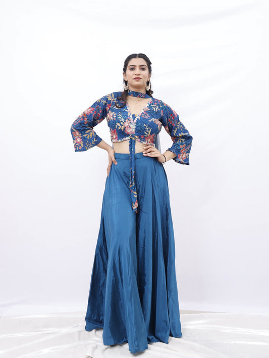 Teal Blue Floral Embroidered Indo-Western Set