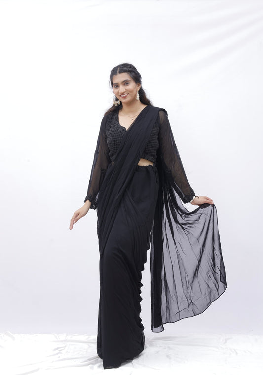 Timeless Black Pre-Draped Saree with Embellished Blouse