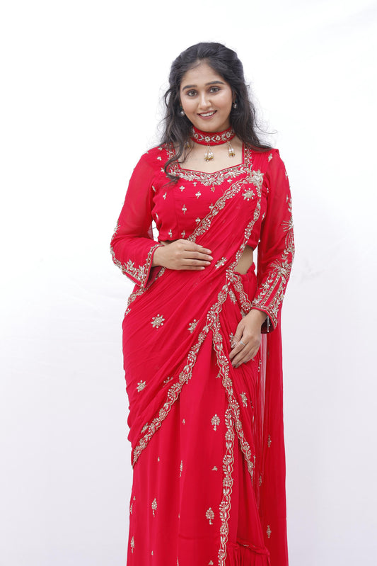 Embroidered Red Saree Set with Full Sleeve Blouse
