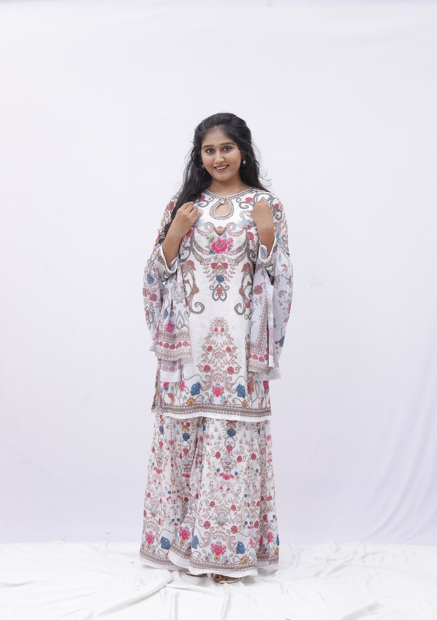 Floral Printed White Sharara Set with Dupatta