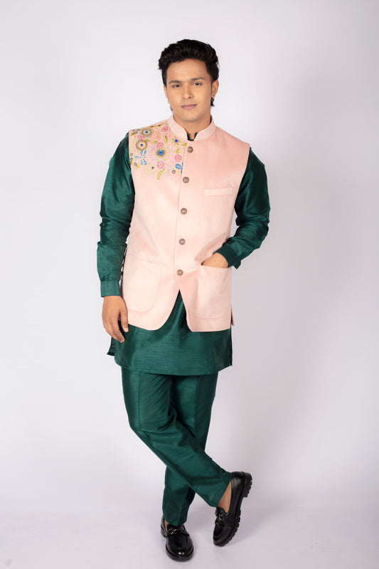 Men's Designer Embroidered Nehru Jacket – Emerald Green & Blush Pink
