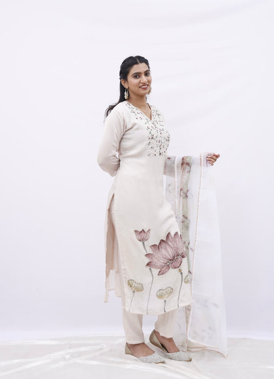 Elegant Hand-Painted Lotus Kurta Set