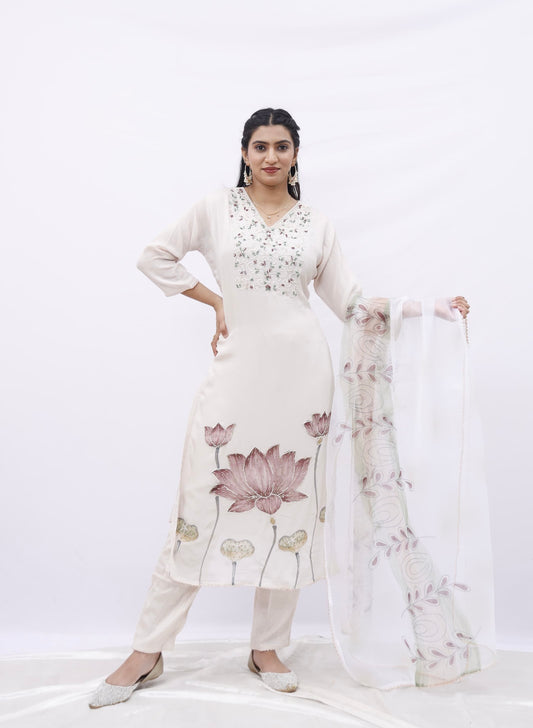 Elegant Hand-Painted Lotus Kurta Set