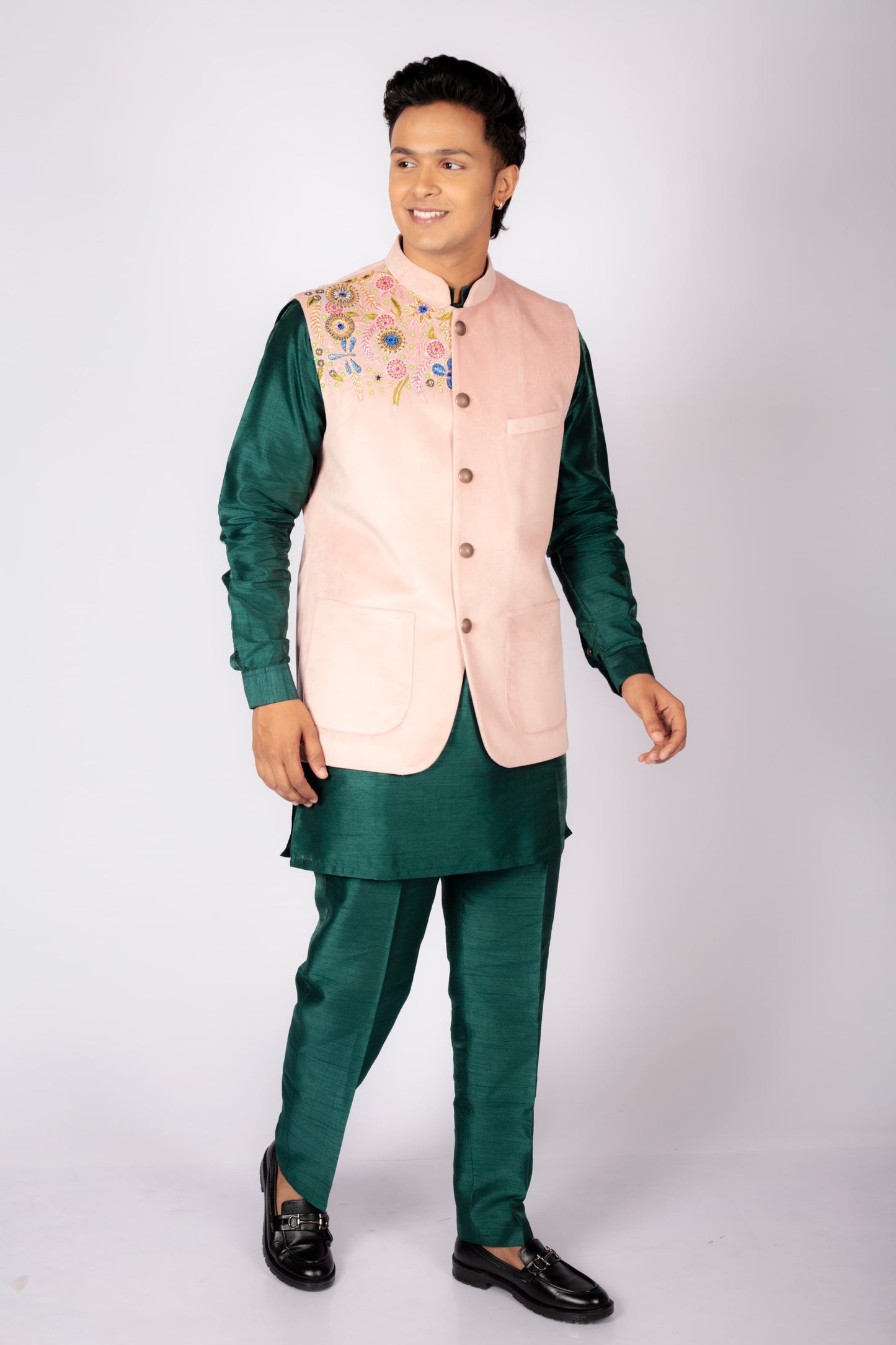 Men's Designer Embroidered Nehru Jacket – Emerald Green & Blush Pink