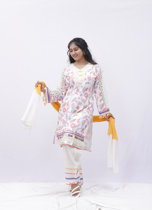 Pastel Floral Embroidered Kurta Set with Yellow-White Dupatta