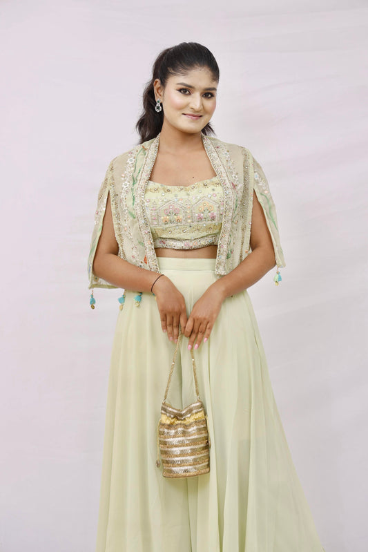 Pastel Green Embroidered Cape Set