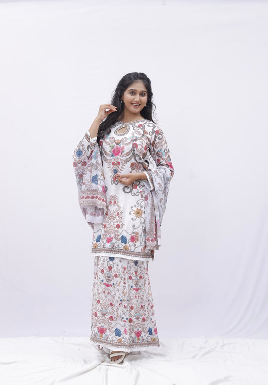 Floral Printed White Sharara Set with Dupatta