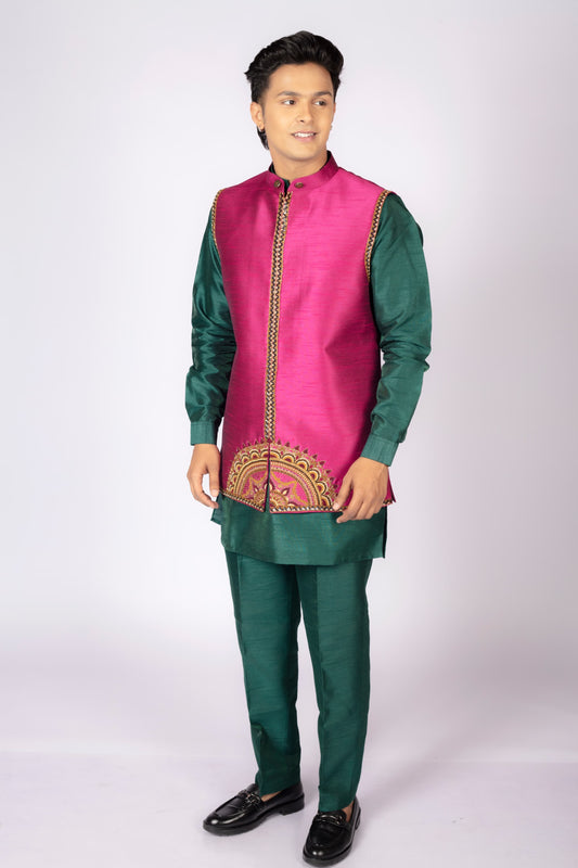 Men’s Festive Green Kurta Set with Embroidered Pink Nehru Jacket
