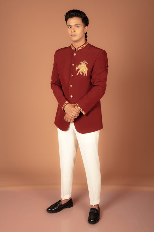 Men's Maroon Embroidered Nehru neck Blazer