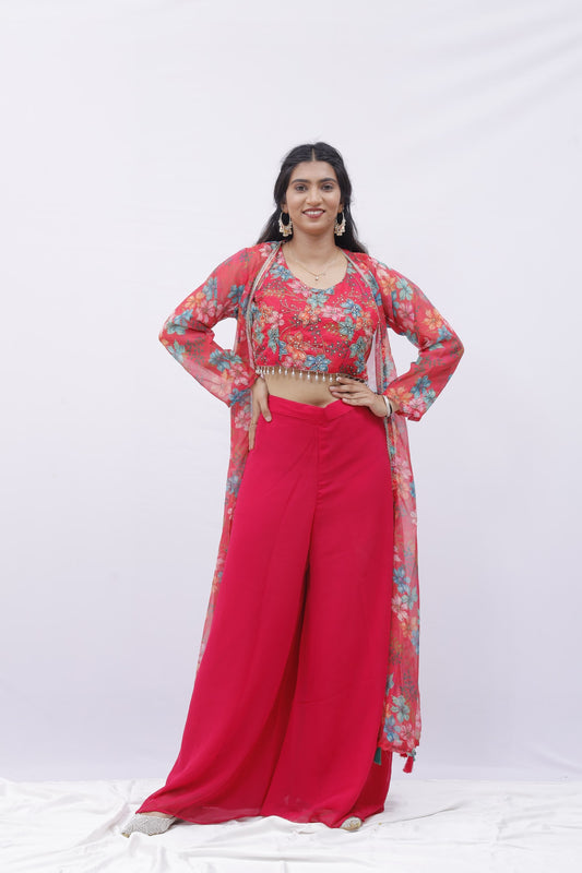 Floral Red Indo-Western Sharara Set with Jacket