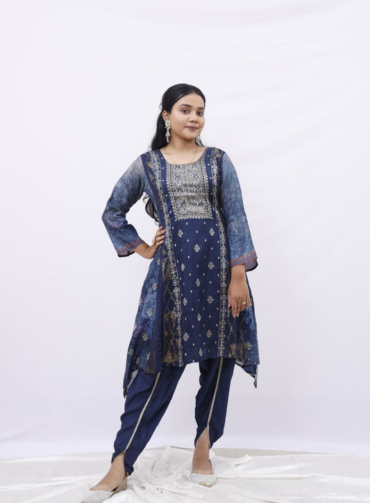 Navy Blue Angrakha Style Kurta Set
