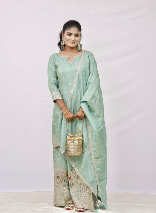 Mint Green Embroidered Silk Suit Set with Dupatta