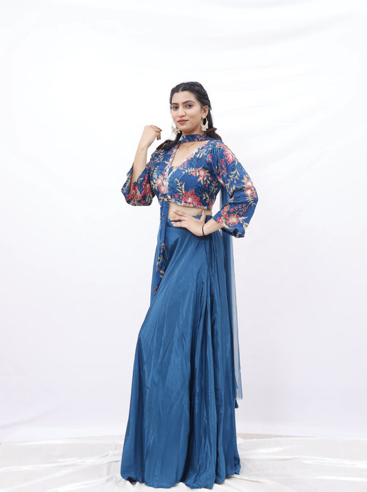 Teal Blue Floral Embroidered Indo-Western Set