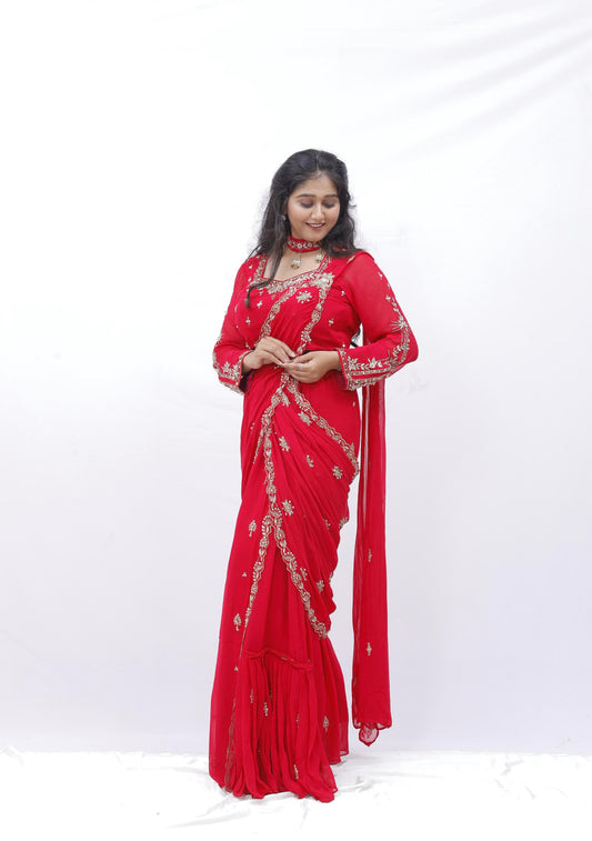 Embroidered Red Saree Set with Full Sleeve Blouse
