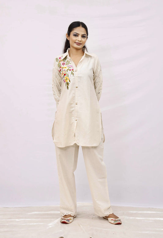 light beige kurta and matching straight pants