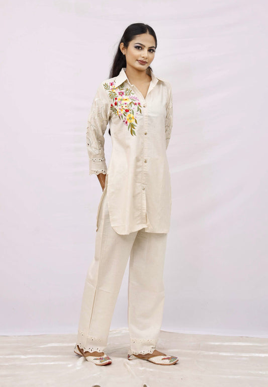 light beige kurta and matching straight pants