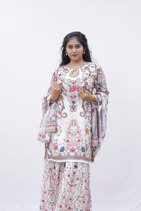 Floral Printed White Sharara Set with Dupatta