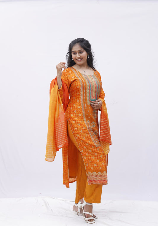 Bright Orange Printed Kurta Set with Embroidered Detailing and Dupatta