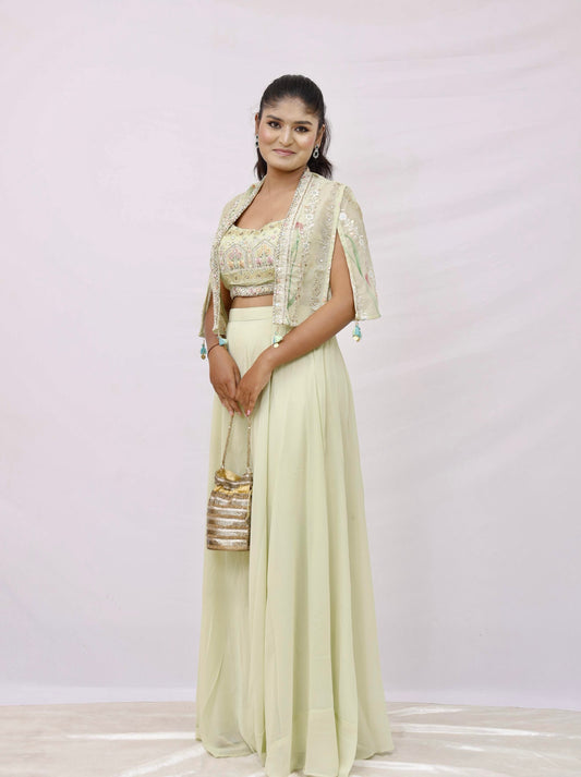 Pastel Green Embroidered Cape Set