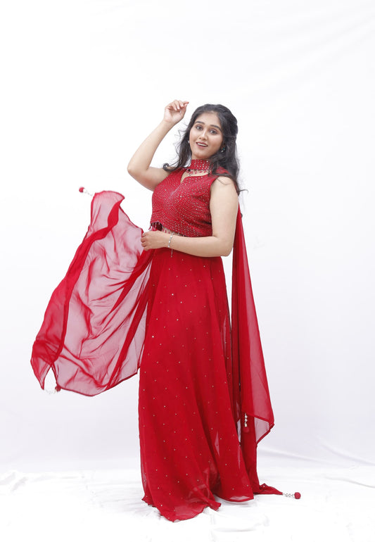 Red Divider Skirt Set with Embellished Blouse & Cape Sleeves