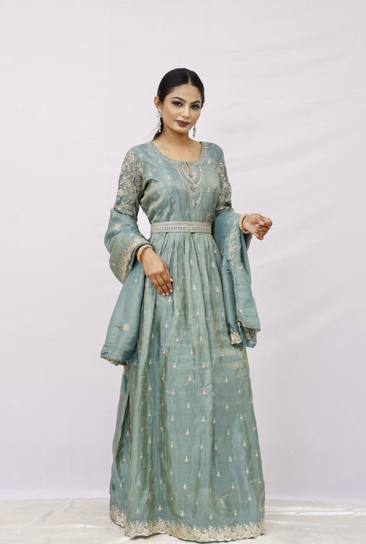 Anarkali suit with churidar and dupatta