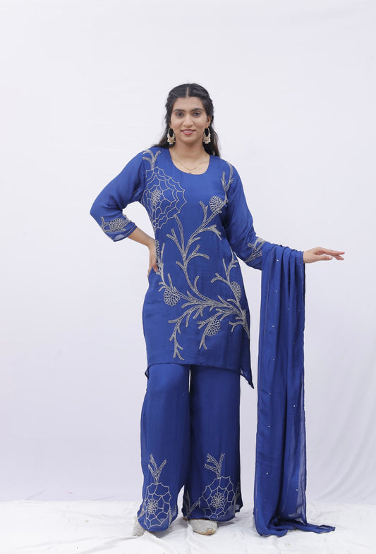 Royal Blue Embroidered Co-Ord Set with Dupatta