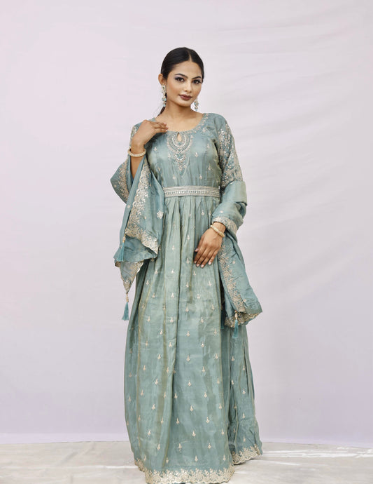 Anarkali suit with churidar and dupatta