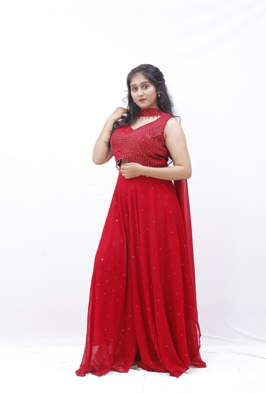 Red Divider Skirt Set with Embellished Blouse & Cape Sleeves