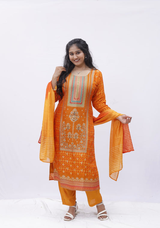 Bright Orange Printed Kurta Set with Embroidered Detailing and Dupatta
