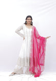 White Glam Mirror Work Anarkali Set with Pink Dupatta