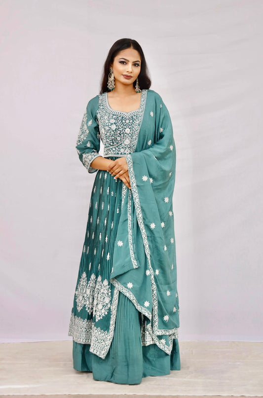 Teal Green Thread Embroidered Anarkali Set