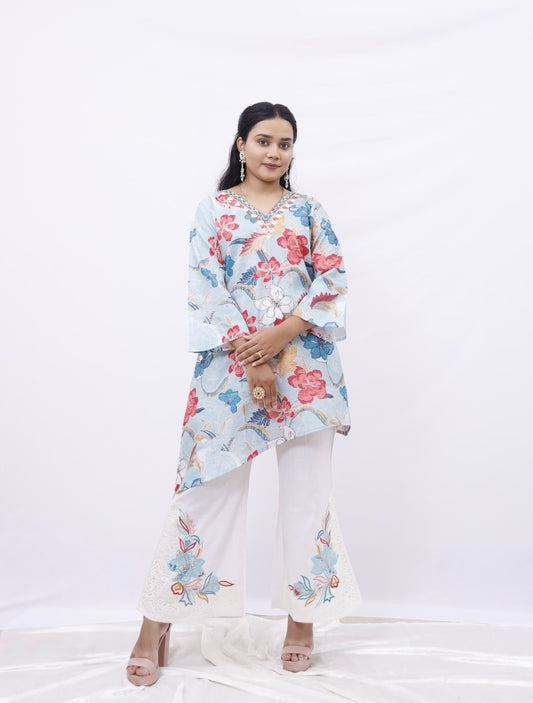 Pastel Bloom Embroidered Kurti Set