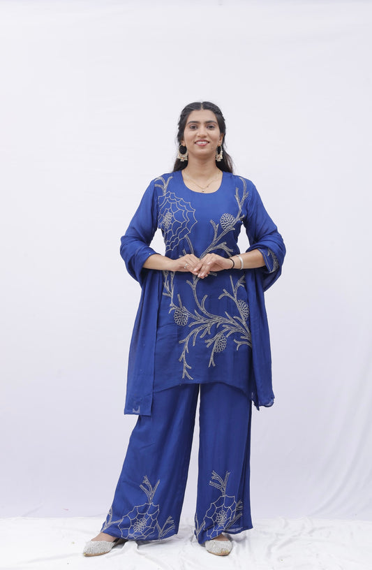Royal Blue Embroidered Co-Ord Set with Dupatta