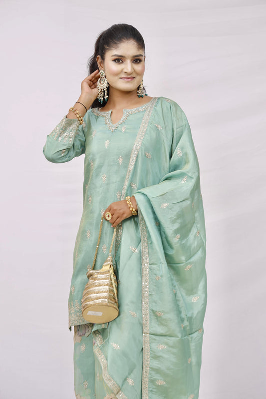 Mint Green Embroidered Silk Suit Set with Dupatta