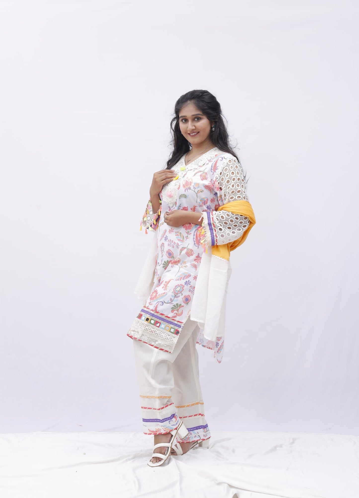 Pastel Floral Embroidered Kurta Set with Yellow-White Dupatta