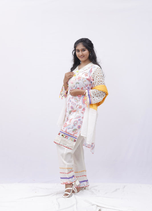 Pastel Floral Embroidered Kurta Set with Yellow-White Dupatta