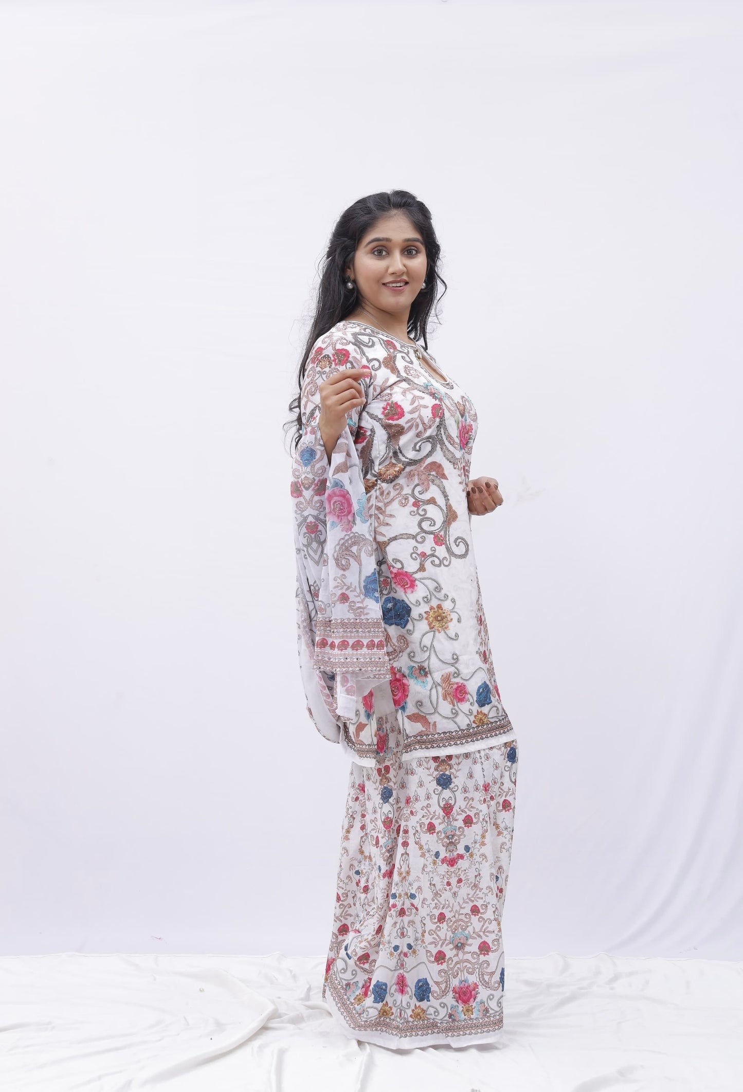 Floral Printed White Sharara Set with Dupatta