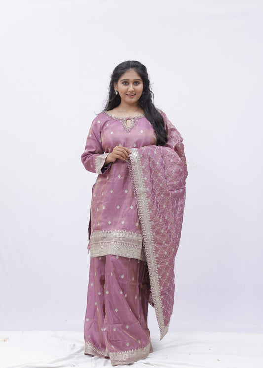 Dusty Rose Handwoven Embroidered Kurta Sharara Set with Dupatta
