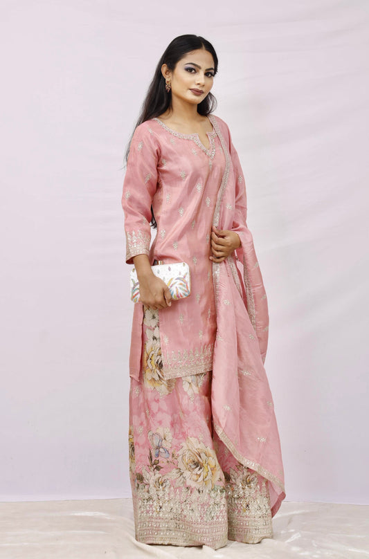 Blush Pink Embroidered Kurta Set with Floral Sharara