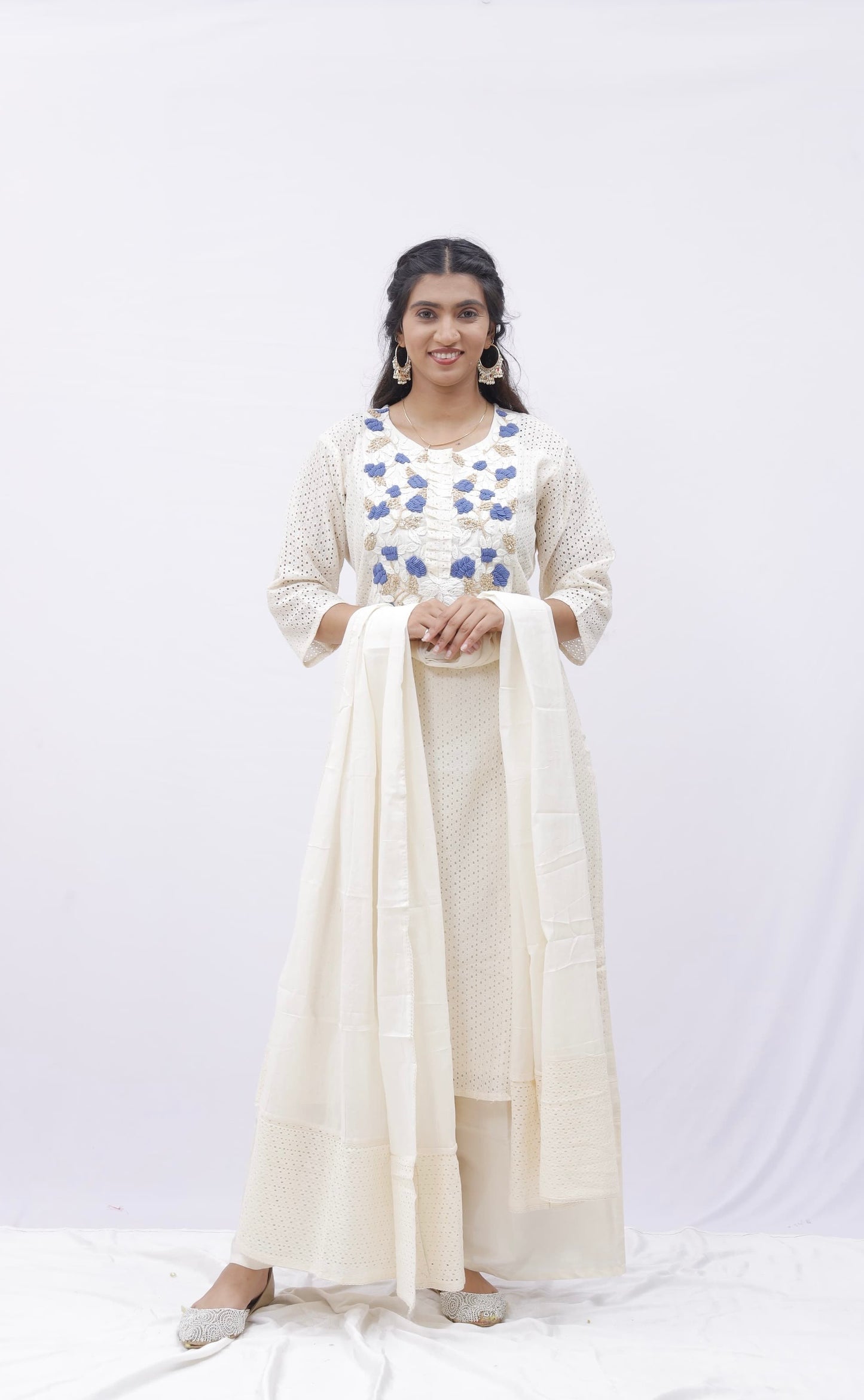Ivory Embroidered Kurta Set with Palazzo and Dupatta